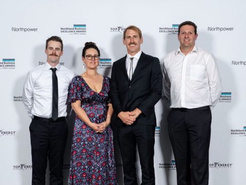 Conor Romley, Renee Montgomery, Wayne Jecentho and Scott McSkimming of Integrated Electrical & Solar at the 2026 Northland Business Excellence Awards, McKay Stadium, Whangārei